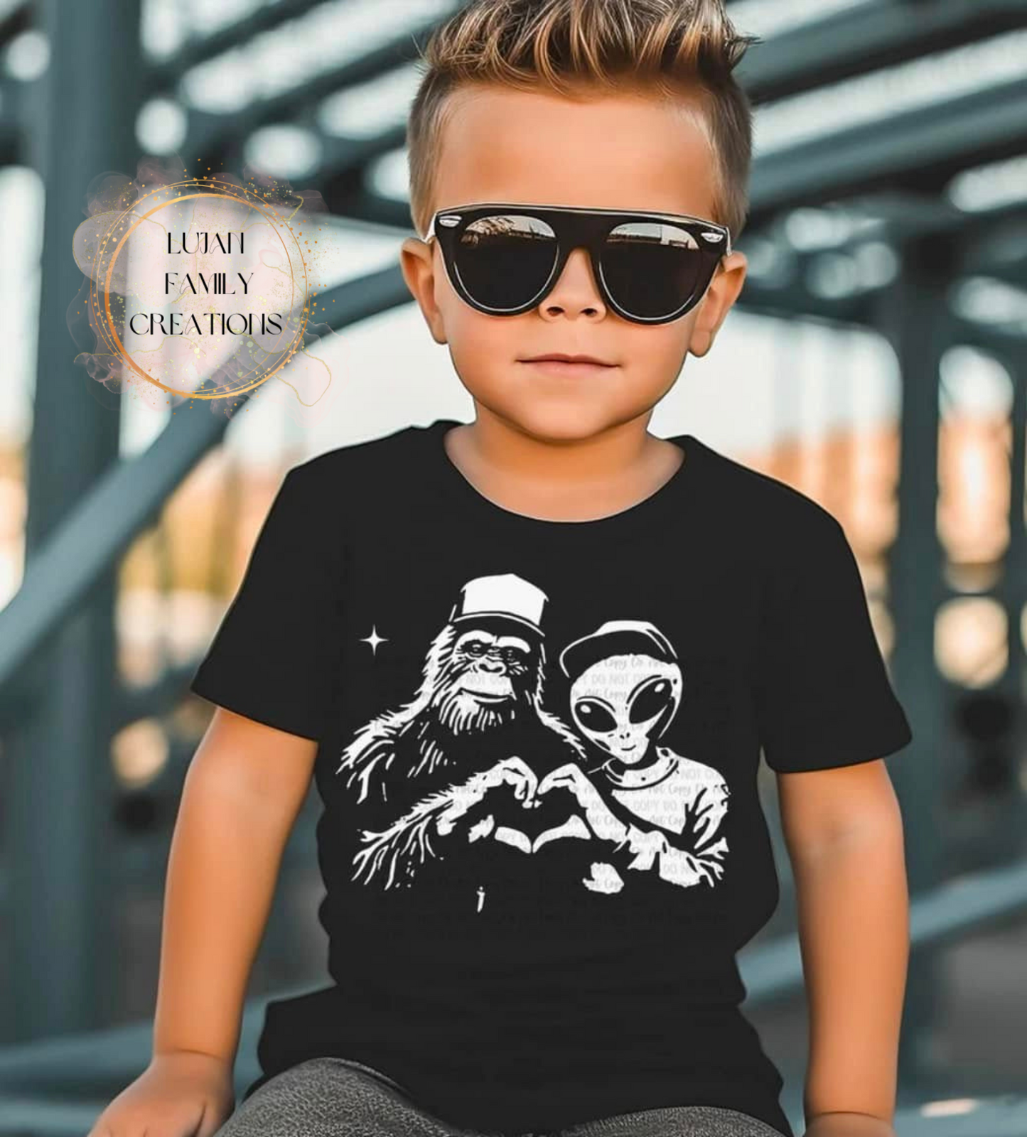 Bigfoot and Alien Heart Puff Print- Kids T-Shirt