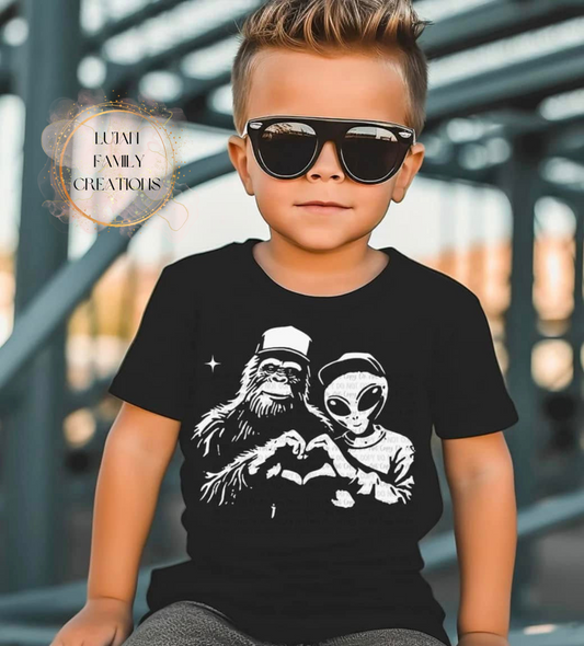 Big foot and Alien Heart Puff Print- Kids T-Shirt